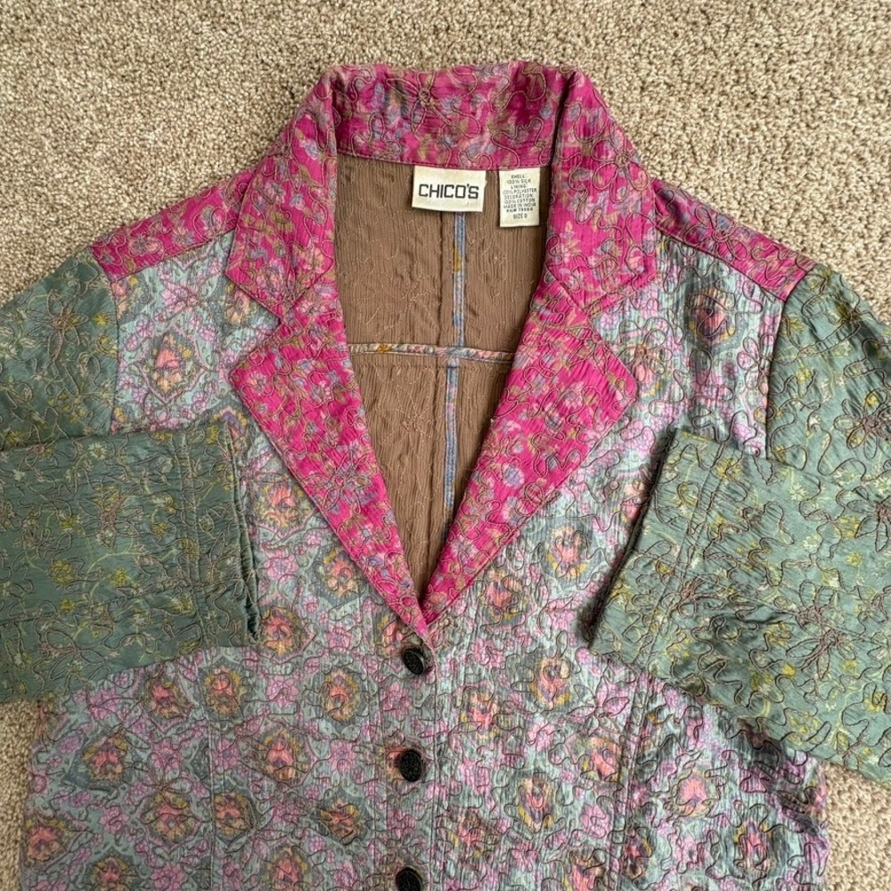 Chico's Quilted Silk Blazer Women Size 0/Small Floral Patchwork Excellent